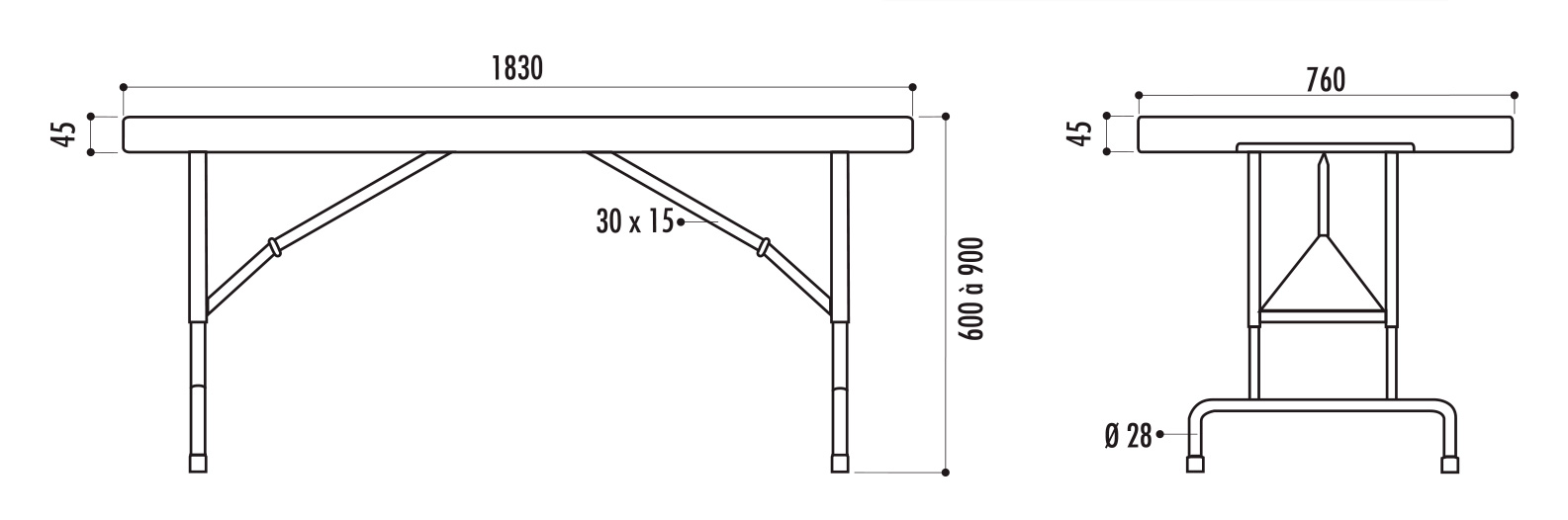 dimensions de la table pliante polypro réglable - cofradis